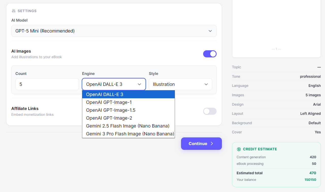 AI settings panel showing model selection, image engine dropdown with all options, and credit estimate