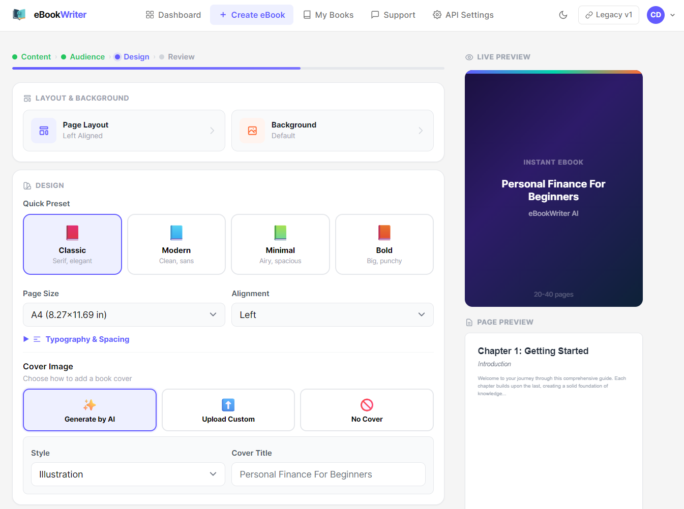 Design step showing layout, background, design presets, page size, and cover image options