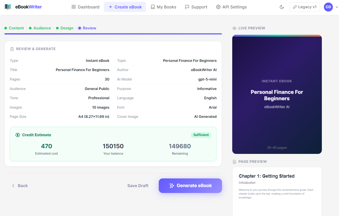 Review and generate step with full settings summary and credit estimate panel