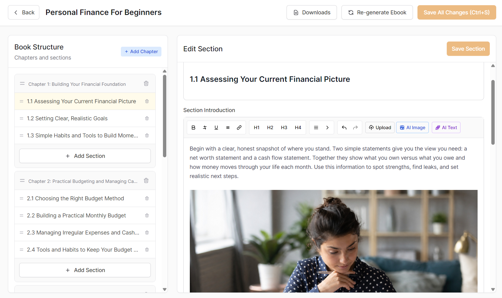Section editor showing rich text toolbar, AI image and AI text buttons, and chapter sidebar