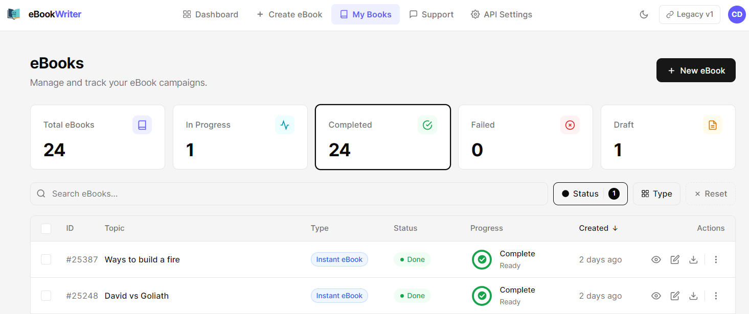 eBooks library dashboard with status counters, filters, and per book actions